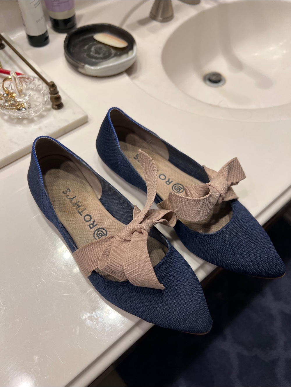 Rothy's Navy Pointed-Toe Flats with Blush Bow